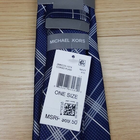 MICHAEL KORS Mens Neck Tie Blue Check Plaid Classic Pointed Silk Blend - Picture 3 of 6